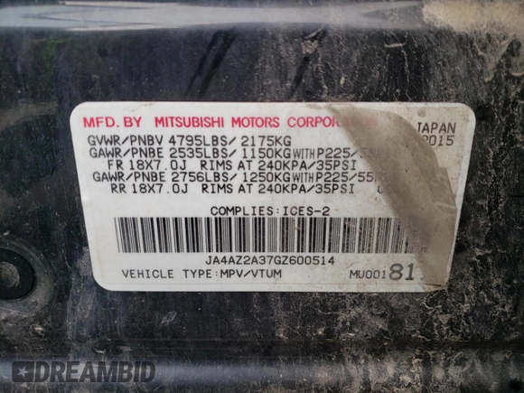 2016 Mitsubishi Outlander ES с VIN JA4AZ2A37GZ600514, выставлен на аукционе Copart как лот 70331994 с пробегом 228 844 миль миль и Списание • Salvage title. История ставок и продаж доступна на DreamBid. Изображение 14.