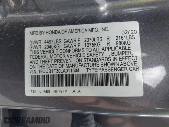 2020 Acura TLX with VIN 19UUB1F30LA011504, listed as a IAAI auction lot 42201683 with 59,939 mi miles and . Bid and sale history available at DreamBid. Image 9.