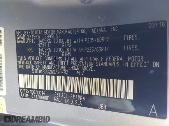 2016 Toyota Sienna XLE with VIN 5TDYK3DC2GS720782, listed as a IAAI auction lot 41184141 with 146,656 mi miles. Bid and sale history available at carsss.com. Image 9.