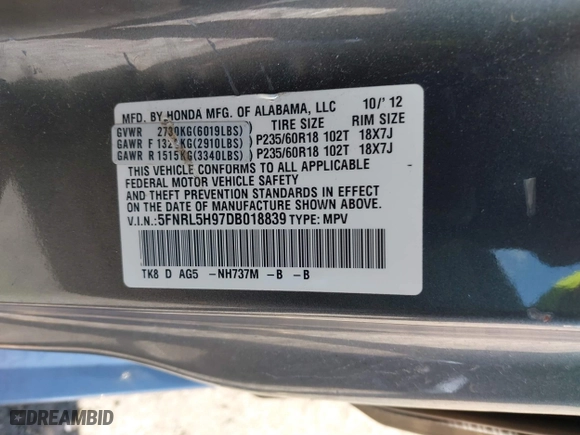 2013 Honda Odyssey Touring with VIN 5FNRL5H97DB018839, listed as a IAAI auction lot 41884016 with 171,650 mi miles. Bid and sale history available at carsss.com. Image 9.