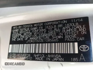 2014 Toyota Prius One with VIN JTDKDTB33E1085665, listed as a IAAI auction lot 41703055 with 135,129 mi miles and . Bid and sale history available at DreamBid. Image 9.