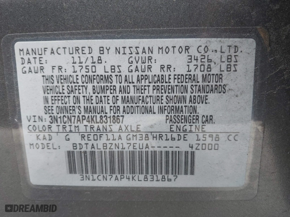 2019 Nissan Versa Sedan SV with VIN 3N1CN7AP4KL831867, listed as a IAAI auction lot 41807271 with 125,421 mi miles. Bid and sale history available at carsss.com. Image 9.