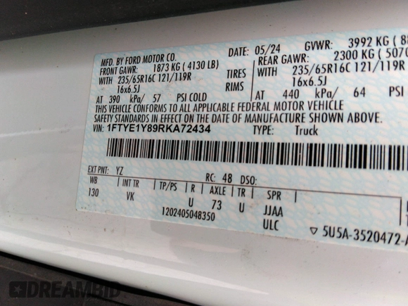 2024 Ford Transit Cargo with VIN 1FTYE1Y89RKA72434, listed as a IAAI auction lot 40788108 with 9,647 mi miles. Bid and sale history available at carsss.com. Image 9.