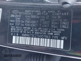 2007 Hyundai Veracruz GLS with VIN KM8NU73C27U007863, listed as a IAAI auction lot 41356164 with 264,504 mi miles and . Bid and sale history available at DreamBid. Image 9.