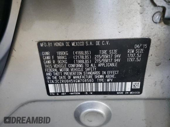 2016 Honda HR-V EX with VIN 3CZRU6H5XGM708580, listed as a Copart auction lot 45841425 with 178,033 mi miles and Salvage Title. Bid and sale history available at DreamBid. Image 15.