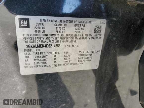 2013 GMC Terrain SLE with VIN 2GKALMEK4D6214553, listed as a Copart auction lot 49608245 with 131,165 mi miles and Salvage Title. Bid and sale history available at carsss.com. Image 15.