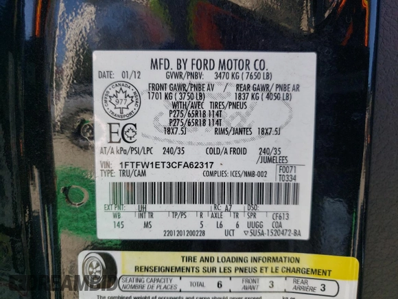 2012 Ford F-150 XL with VIN 1FTFW1ET3CFA62317, listed as a Copart auction lot 53700335 with 133,621 mi miles and Salvage Title. Bid and sale history available at carsss.com. Image 12.