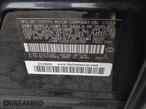 2014 Lexus IS 250 with VIN JTHBF1D25E5020780, listed as a IAAI auction lot 42420240 with 186,752 mi miles and . Bid and sale history available at DreamBid. Image 9.