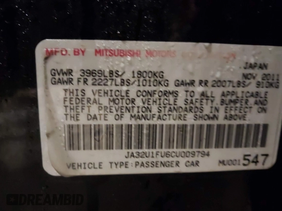 2012 Mitsubishi Lancer DE with VIN JA32U1FU6CU009794, listed as a IAAI auction lot 41727736 with 197,087 mi miles and . Bid and sale history available at DreamBid. Image 9.