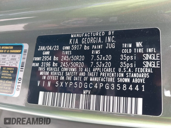 2023 Kia Telluride SX Prestige X-Pro with VIN 5XYP5DGC4PG358441, listed as a IAAI auction lot 41909816 with 19,973 mi miles and . Bid and sale history available at DreamBid. Image 9.