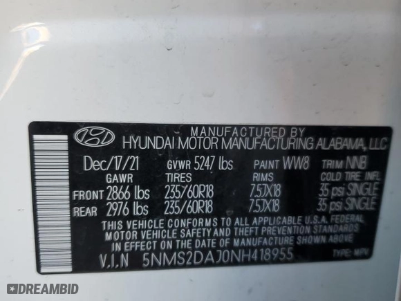 2022 Hyundai Santa Fe SEL with VIN 5NMS2DAJ0NH418955, listed as a Copart auction lot 50609365 with 27,860 mi miles and Salvage Title. Bid and sale history available at carsss.com. Image 15.