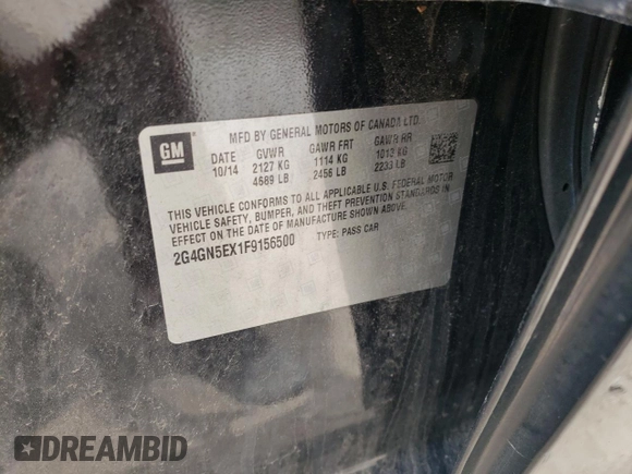2015 Buick Regal Premium I with VIN 2G4GN5EX1F9156500, listed as a Copart auction lot 58484775 with 114,379 mi miles and Salvage title. Bid and sale history available at DreamBid. Image 12.