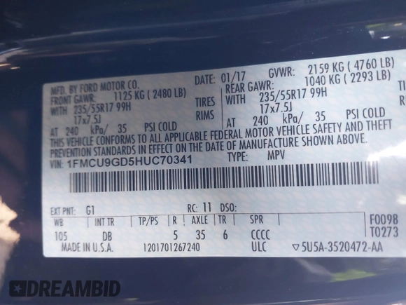 2017 Ford Escape SE with VIN 1FMCU9GD5HUC70341, listed as a IAAI auction lot 41801365 with 135,439 mi miles. Bid and sale history available at carsss.com. Image 9.