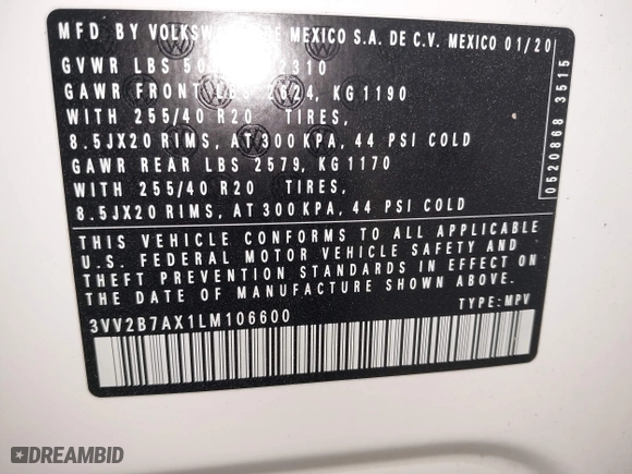 2020 Volkswagen Tiguan SE with VIN 3VV2B7AX1LM106600, listed as a IAAI auction lot 40259436 with 56,736 mi miles. Bid and sale history available at carsss.com. Image 9.