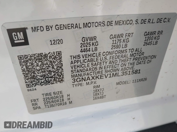 2021 Chevrolet Equinox LT with VIN 3GNAXKEV1ML351581, listed as a IAAI auction lot 41764202 with 71,547 mi miles and . Bid and sale history available at DreamBid. Image 9.