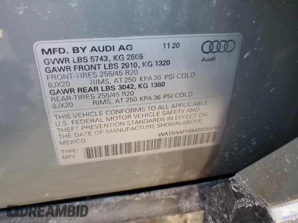 2021 Audi SQ5 Premium Plus with VIN WA1B4AFY6M2035470, listed as a Copart auction lot 46817975 with 48,178 mi miles and Salvage Title. Bid and sale history available at carsss.com. Image 14.