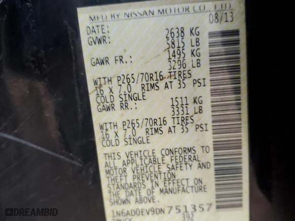 2013 Nissan Frontier SV with VIN 1N6AD0EV9DN751357, listed as a Copart auction lot 49104365 with 123,138 mi miles and Salvage Title. Bid and sale history available at carsss.com. Image 12.