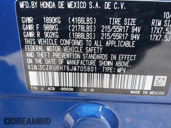 2018 Honda HR-V EX-L Navi with VIN 3CZRU6H76JM705801, listed as a IAAI auction lot 41555125 with 12,729 mi miles. Bid and sale history available at carsss.com. Image 9.