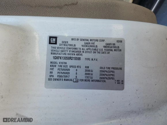 2008 GMC Yukon SLT w/4SB with VIN 1GKFK13058R215598, listed as a Copart auction lot 47046295 with 0 mi miles and Salvage Title. Bid and sale history available at carsss.com. Image 14.