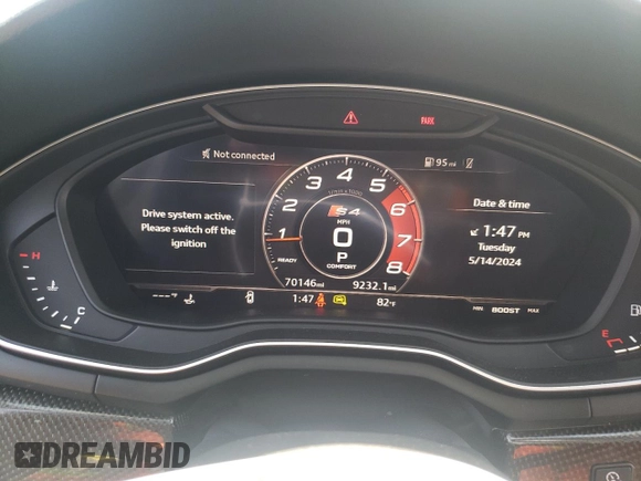 2019 Audi S4 Premium Plus with VIN WAUB4AF40KA055734, listed as a Copart auction lot 53849514 with 70,146 mi miles and Salvage Title. Bid and sale history available at carsss.com. Image 9.