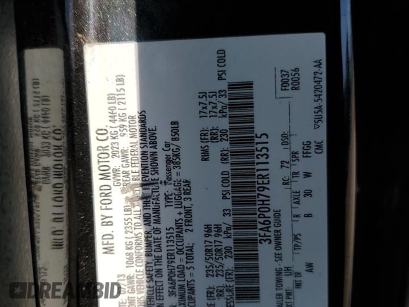 2014 Ford Fusion SE with VIN 3FA6P0H79ER113515, listed as a Copart auction lot 59144154 with 130,981 mi miles and Clean Title. Bid and sale history available at DreamBid. Image 15.