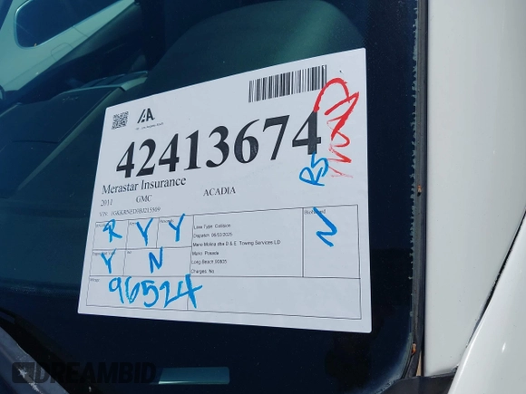 2011 GMC Acadia SL z VIN 1GKKRNED3BJ215509, wystawiony jako IAAI lot #42413674 z przebiegiem 96 524 mil mil oraz . Historia ofert i sprzedaży dostępna na DreamBid. Obrazek 12.