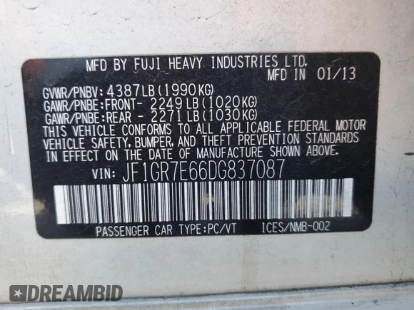 2013 Subaru WRX WRX with VIN JF1GR7E66DG837087, listed as a Copart auction lot 56911605 with 99,385 mi miles and Salvage title. Bid and sale history available at DreamBid. Image 12.