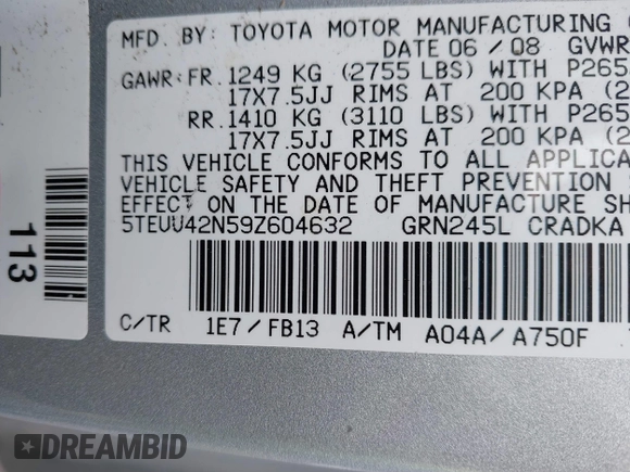 2009 Toyota Tacoma with VIN 5TEUU42N59Z604632, listed as a IAAI auction lot 41892976 with 43,810 mi miles. Bid and sale history available at carsss.com. Image 9.