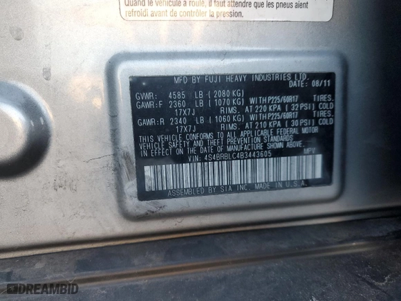 2011 Subaru Outback 2.5i Limited Pwr Moon/Nav with VIN 4S4BRBLC4B3443605, listed as a Copart auction lot 44326335 with 121,806 mi miles and Salvage Title. Bid and sale history available at carsss.com. Image 12.