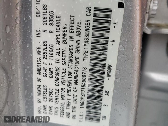 2011 Honda Accord EX z VIN 1HGCP3F71BA000716, wystawiony jako Copart lot #56414415 z przebiegiem 173 487 mil mil oraz Szkoda całkowita • Salvage title. Historia ofert i sprzedaży dostępna na DreamBid. Obrazek 12.