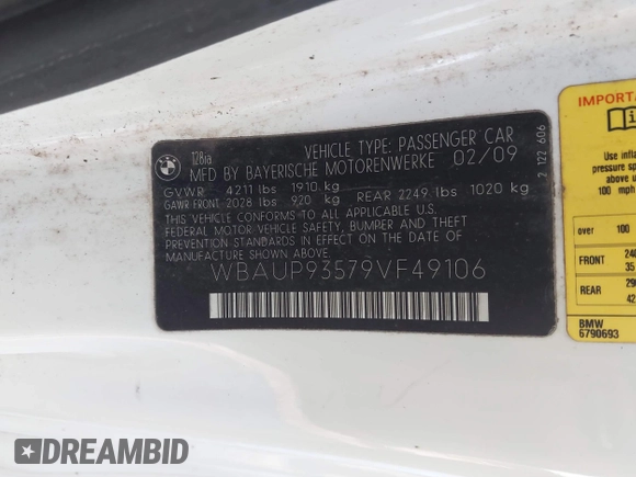 2009 BMW 1 Series 128i with VIN WBAUP93579VF49106, listed as a IAAI auction lot 41443690 with Not provided miles and . Bid and sale history available at DreamBid. Image 9.