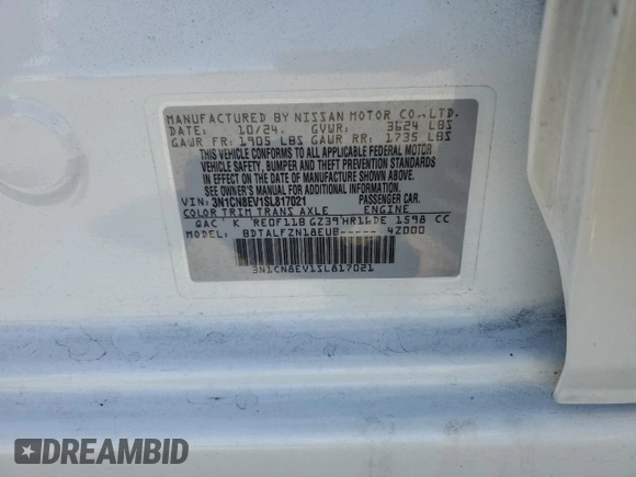 2025 Nissan Versa SV z VIN 3N1CN8EV1SL817021, wystawiony jako Copart lot #58667985 z przebiegiem 14 085 mil mil oraz Szkoda całkowita • Salvage title. Historia ofert i sprzedaży dostępna na DreamBid. Obrazek 12.