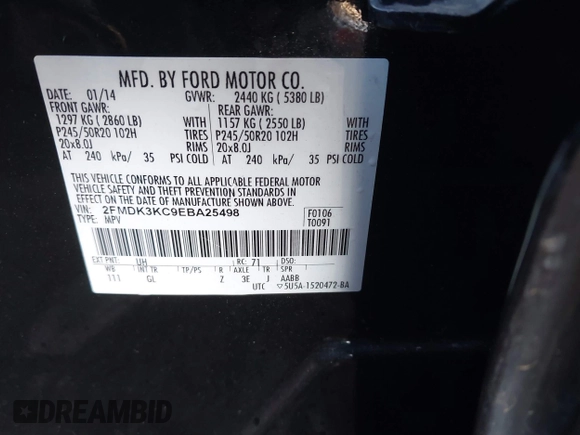2014 Ford Edge Limited with VIN 2FMDK3KC9EBA25498, listed as a IAAI auction lot 41669598 with 117,661 mi miles. Bid and sale history available at carsss.com. Image 9.
