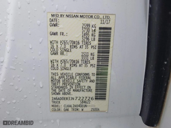 2018 Nissan Frontier SV V6 with VIN 1N6AD0ER3JN722726, listed as a IAAI auction lot 41773849 with 51,864 mi miles. Bid and sale history available at carsss.com. Image 9.