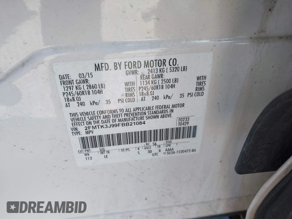 2015 Ford Edge SEL with VIN 2FMTK3J99FBB21084, listed as a IAAI auction lot 41867221 with 83,012 mi miles. Bid and sale history available at carsss.com. Image 9.