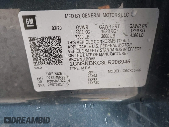 2020 Chevrolet Tahoe LT with VIN 1GNSKBKC3LR306946, listed as a IAAI auction lot 41570785 with 56,603 mi miles and . Bid and sale history available at DreamBid. Image 9.