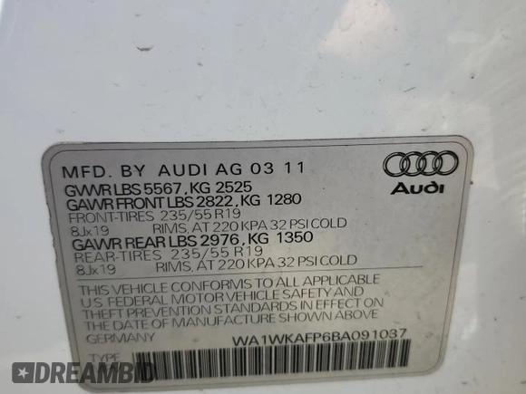 2011 Audi Q5 Prestige with VIN WA1WKAFP6BA091037, listed as a Copart auction lot 52518355 with 104,470 mi miles and Clean title. Bid and sale history available at DreamBid. Image 13.
