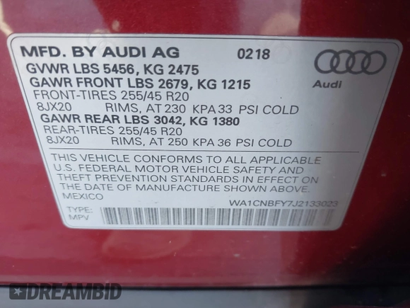 2018 Audi Q5 Prestige with VIN WA1CNBFY7J2133023, listed as a IAAI auction lot 41687379 with 55,646 mi miles and . Bid and sale history available at DreamBid. Image 9.