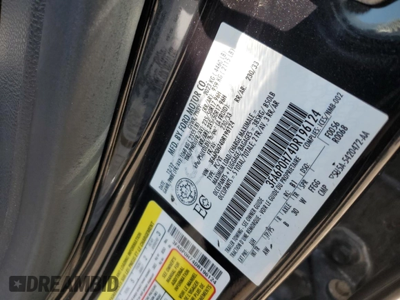 2013 Ford Fusion SE with VIN 3FA6P0H74DR196124, listed as a Copart auction lot 63291055 with 229,907 mi miles and Clean title. Bid and sale history available at DreamBid. Image 12.