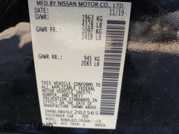 2020 Nissan Altima 2.5 S with VIN 1N4BL4BV3LC202565, listed as a IAAI auction lot 41764133 with 58,120 mi miles. Bid and sale history available at carsss.com. Image 9.