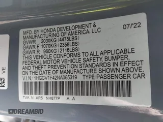 2022 Honda Accord Sport SE z VIN 1HGCV1F42NA065319, wystawiony jako IAAI lot #42081477 z przebiegiem 43 375 mil mil oraz . Historia ofert i sprzedaży dostępna na DreamBid. Obrazek 9.