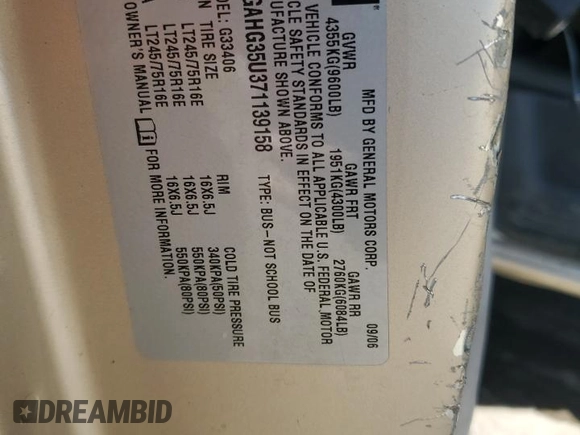 2007 Chevrolet Express Passenger with VIN 1GAHG35U371139158, listed as a Copart auction lot 77185544 with Not provided miles and Salvage title. Bid and sale history available at DreamBid. Image 13.