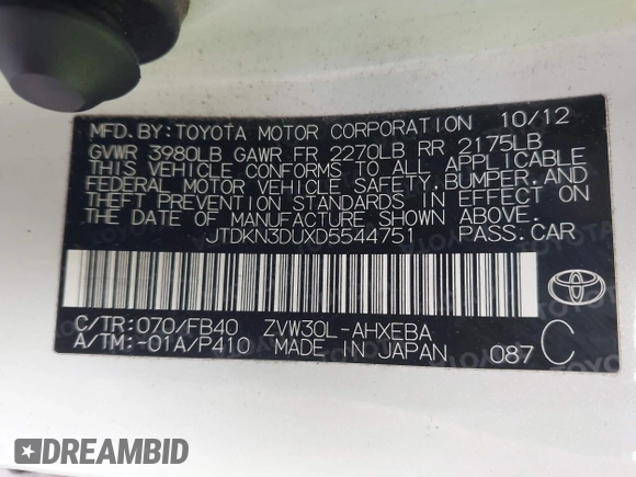 2013 Toyota Prius One with VIN JTDKN3DUXD5544751, listed as a IAAI auction lot 42019257 with 154,450 mi miles and . Bid and sale history available at carsss.com. Image 9.