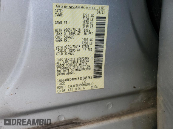 2013 Nissan Titan SV with VIN 1N6BA0ED4DN308893, listed as a Copart auction lot 59212565 with 196,676 mi miles and Salvage title. Bid and sale history available at DreamBid. Image 12.