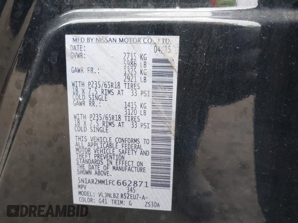 2015 Nissan Pathfinder SL z VIN 5N1AR2MM1FC662871, wystawiony jako IAAI lot #42191795 z przebiegiem 149 552 mil mil oraz . Historia ofert i sprzedaży dostępna na DreamBid. Obrazek 9.