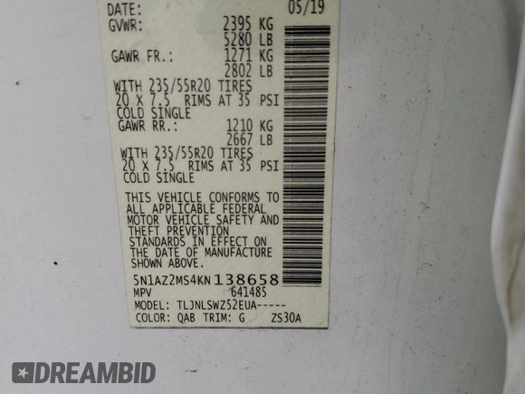 2019 Nissan Murano Platinum z VIN 5N1AZ2MS4KN138658, wystawiony jako Copart lot #71127304 z przebiegiem Nie podano mil oraz Szkoda całkowita • Salvage title. Historia ofert i sprzedaży dostępna na DreamBid. Obrazek 13.