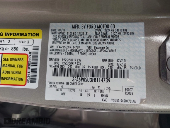 2015 Ford Fusion Energi Titanium with VIN 3FA6P0SU3FR114739, listed as a IAAI auction lot 42003011 with 120,553 mi miles. Bid and sale history available at carsss.com. Image 9.