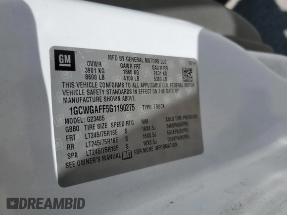 2016 Chevrolet Express Cargo with VIN 1GCWGAFF5G1190275, listed as a Copart auction lot 54185295 with 103,253 mi miles and Salvage title. Bid and sale history available at DreamBid. Image 13.