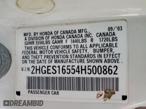 2004 Honda Civic LX z VIN 2HGES16554H500862, wystawiony jako Copart lot #58537755 z przebiegiem 276 108 mil mil oraz Szkoda całkowita • Salvage title. Historia ofert i sprzedaży dostępna na DreamBid. Obrazek 12.