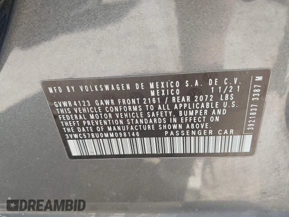 2021 Volkswagen Jetta S z VIN 3VWC57BU0MM098146, wystawiony jako IAAI lot #42201070 z przebiegiem 47 792 mil mil oraz . Historia ofert i sprzedaży dostępna na DreamBid. Obrazek 9.